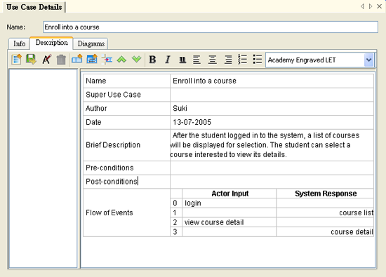 Use Case Description in SDE for NetBeans/Sun™ ONE