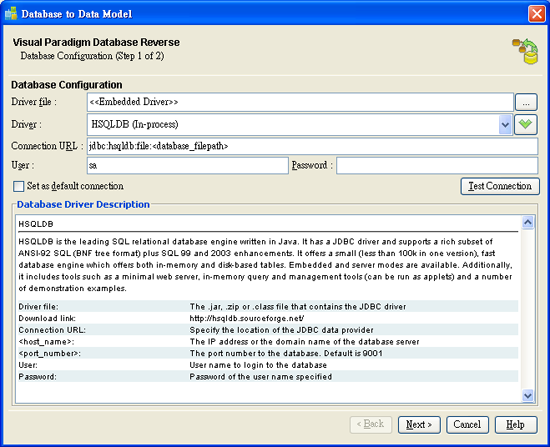 Database Reverse Engineering Dialog