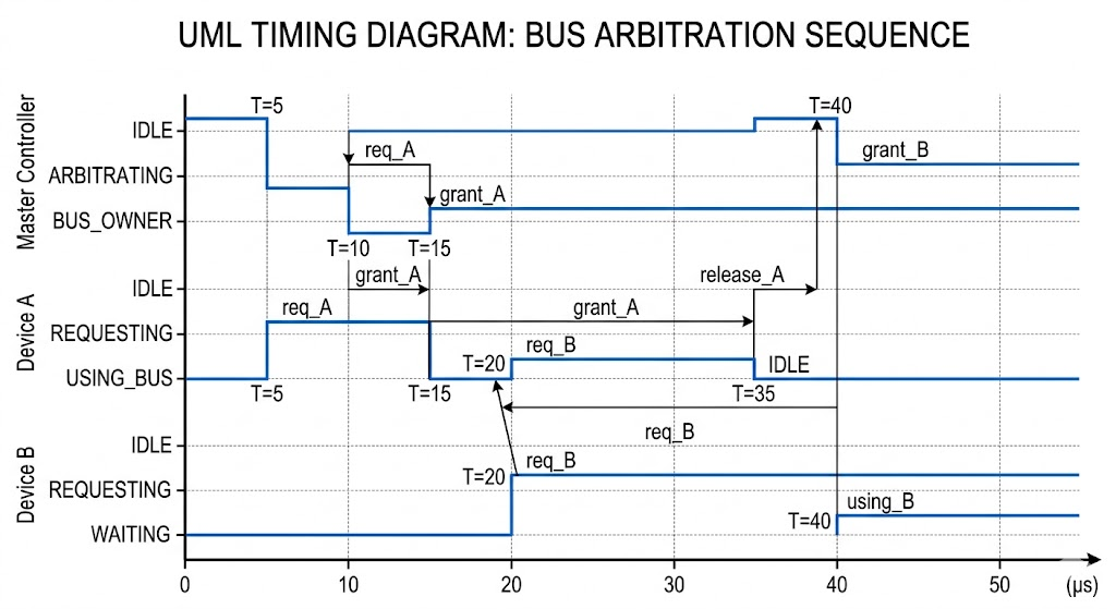 UML Timing Diagram: Real-Time Bus Arbitration Control