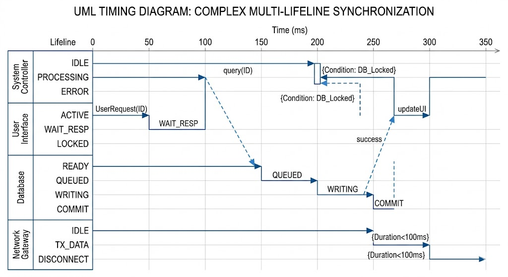 UML Timing Diagram: Multi-Lifeline Synchronization in Automated Assembly