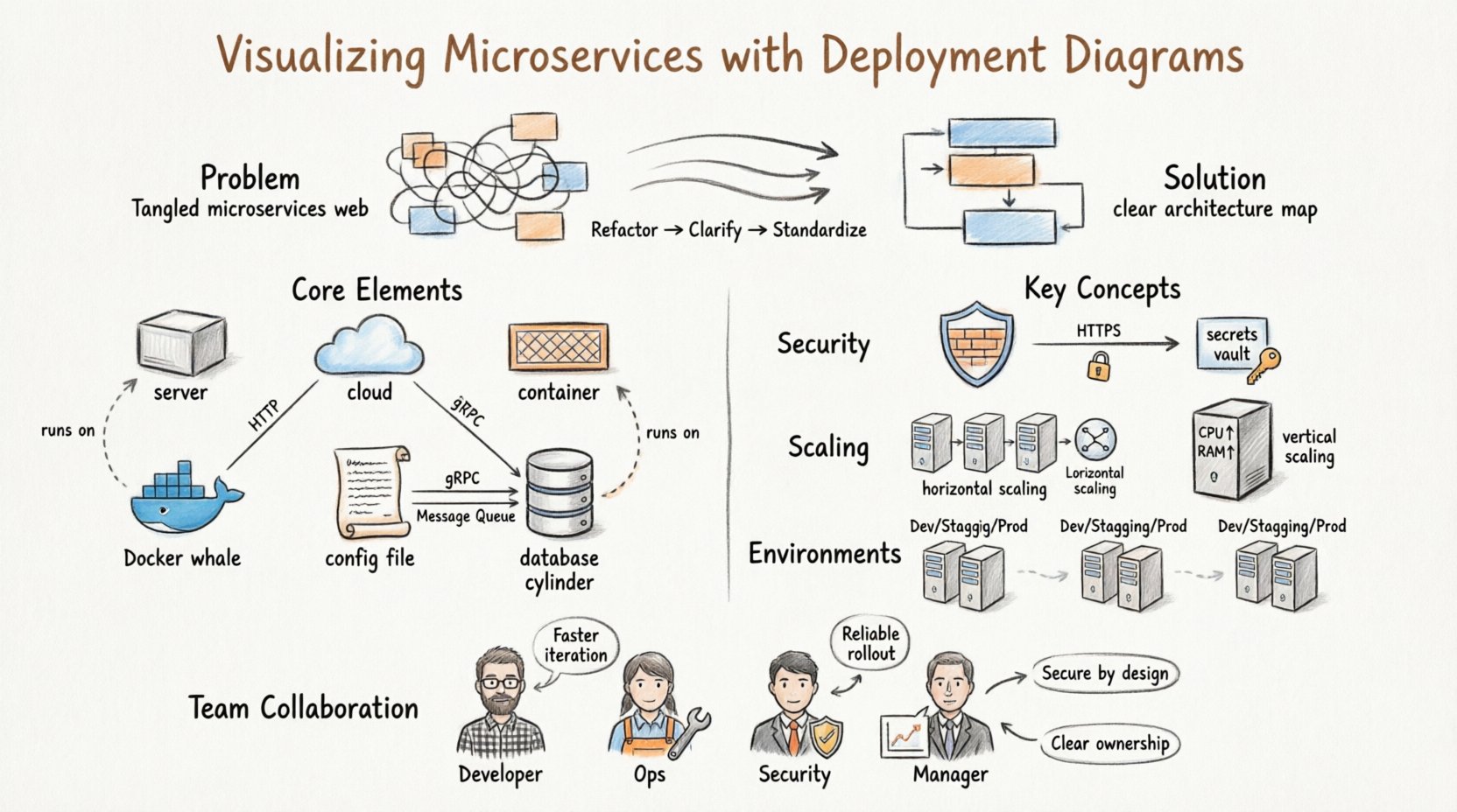 Hand-drawn infographic explaining microservices deployment diagrams