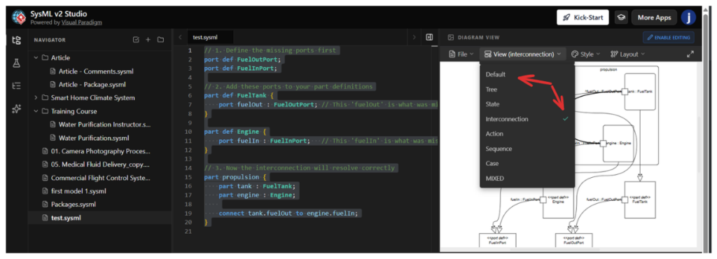 A Comprehensive Guide to SysML v2 – Textual Notation: Interconnection view vs Default View