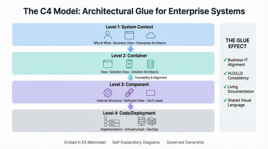 A Comprehensive Guide to Using the C4 Model as the Glue Between Enterprise, Business, Solutions, and Software Architectures