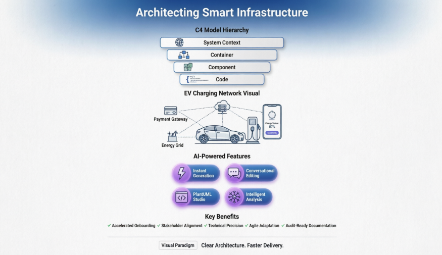 Architecting Smart Infrastructure: A C4 Model Case Study of an EV Charging Network Using Visual Paradigm’s AI-Powered Tools