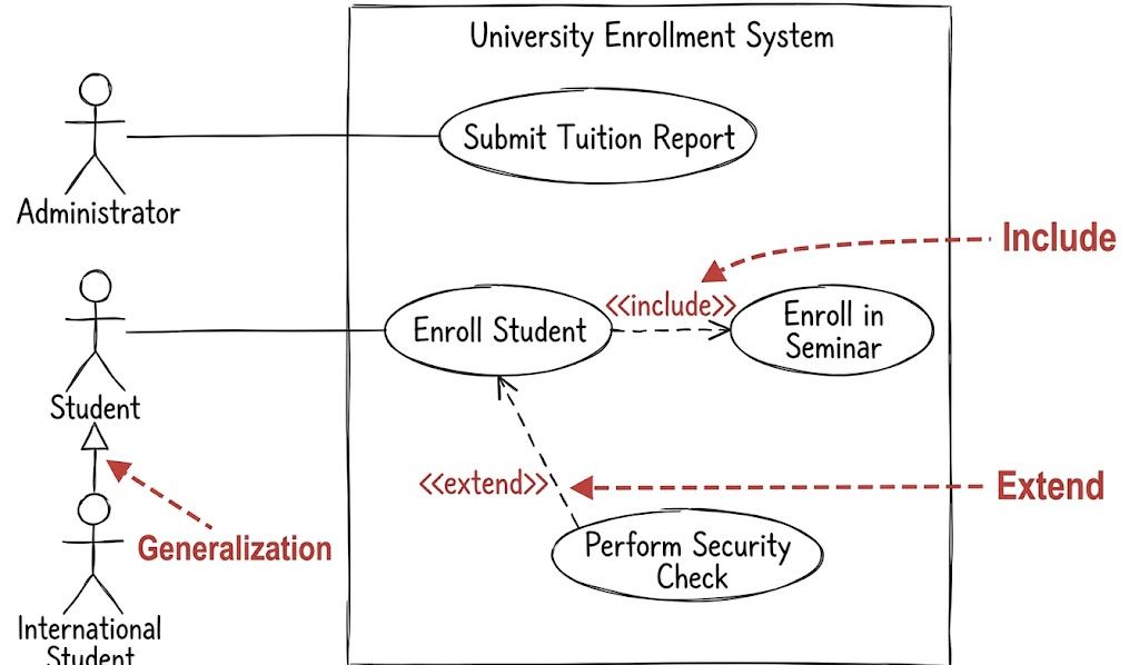 University Enrollment System Use Case Diagram - Include / Extend Use Cases