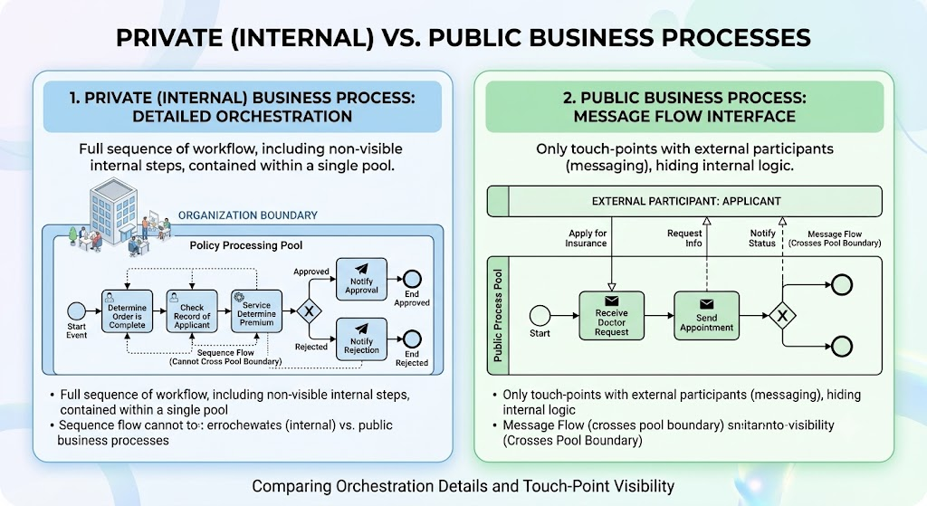 BPMN Private vs. Public Processes: A Comprehensive Guide to Internal Orchestration and External Interfaces