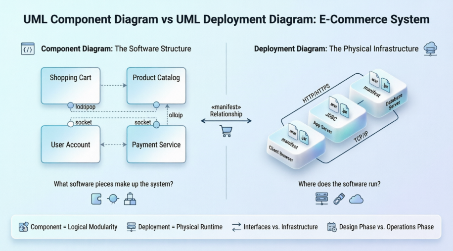 Bridging Logic and Infrastructure: A Practical Case Study Comparing UML Component and Deployment Diagrams for E-Commerce Systems
