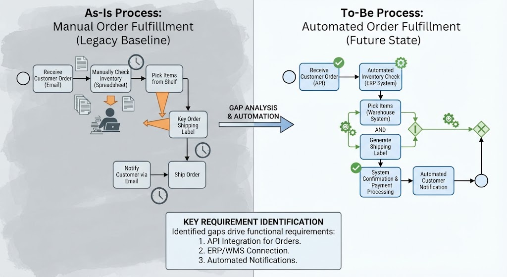 BPMN Analysis: As-is Process -> To-be Process (Order Fulfillment Example)
