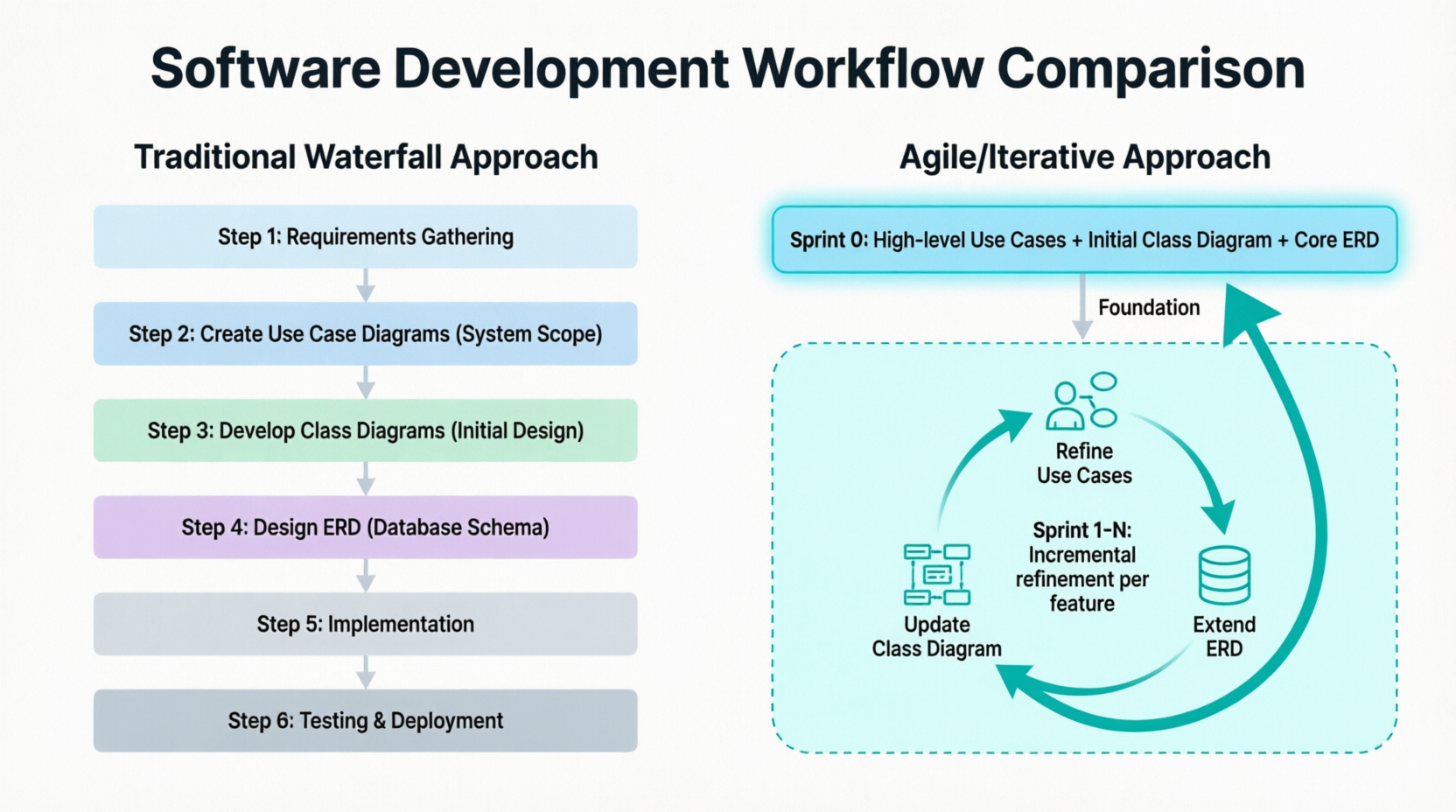 Waterful Approach vs Agile Approach -> Use Case vs Class Diagram vs ERD: how they are related