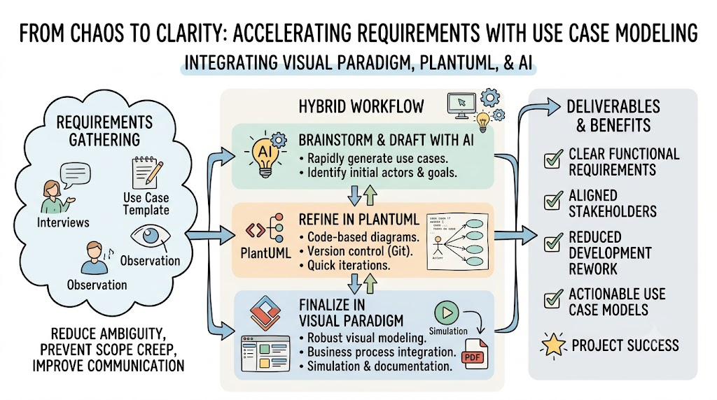 From Chaos to Clarity: Accelerating Requirements with Use Case Modeling, Visual Paradigm, PlantUML, and AI