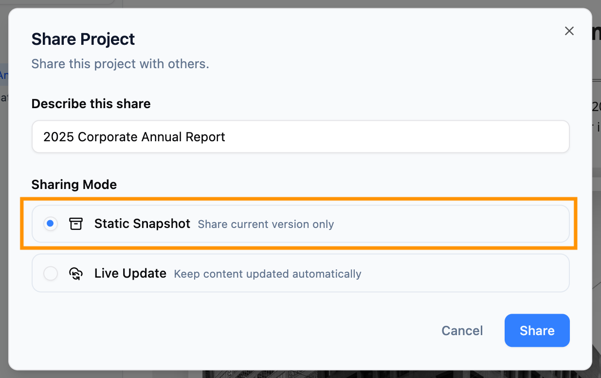 Static vs. Live Sharing: Control Your Content Versioning in OpenDocs - Visual Paradigm Product Updates