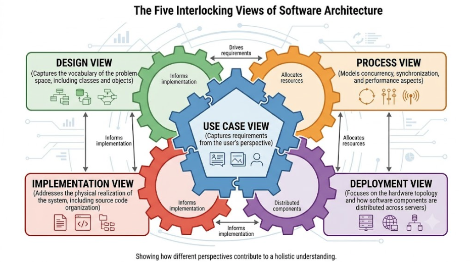 UML Modeling: The Fie Interlocking Views of Software Architecture