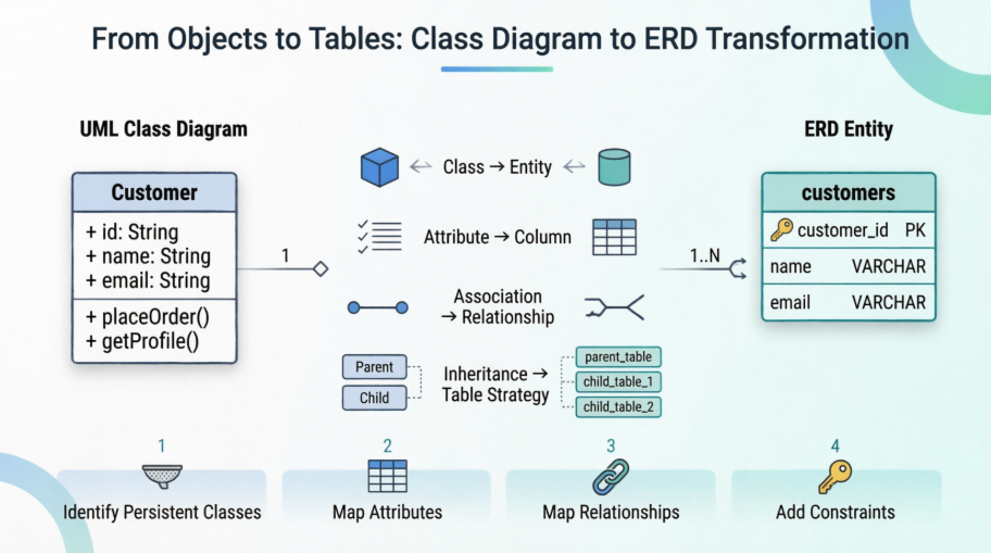 From Objects to Database Tables: A Complete Guide to Transforming UML Class Diagrams into Entity-Relationship Diagrams