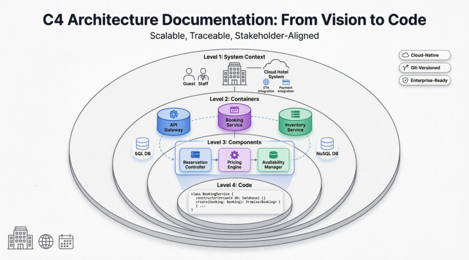 A C4-PlantUML Case Study Aligned with the Bank EA Framework: Architecting Global Hospitality