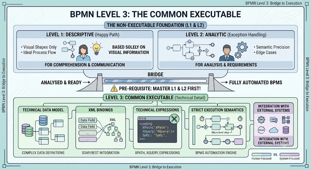 BPMN Level 3: The Common Executable based on the Non-Executable Foundation L1 & L2