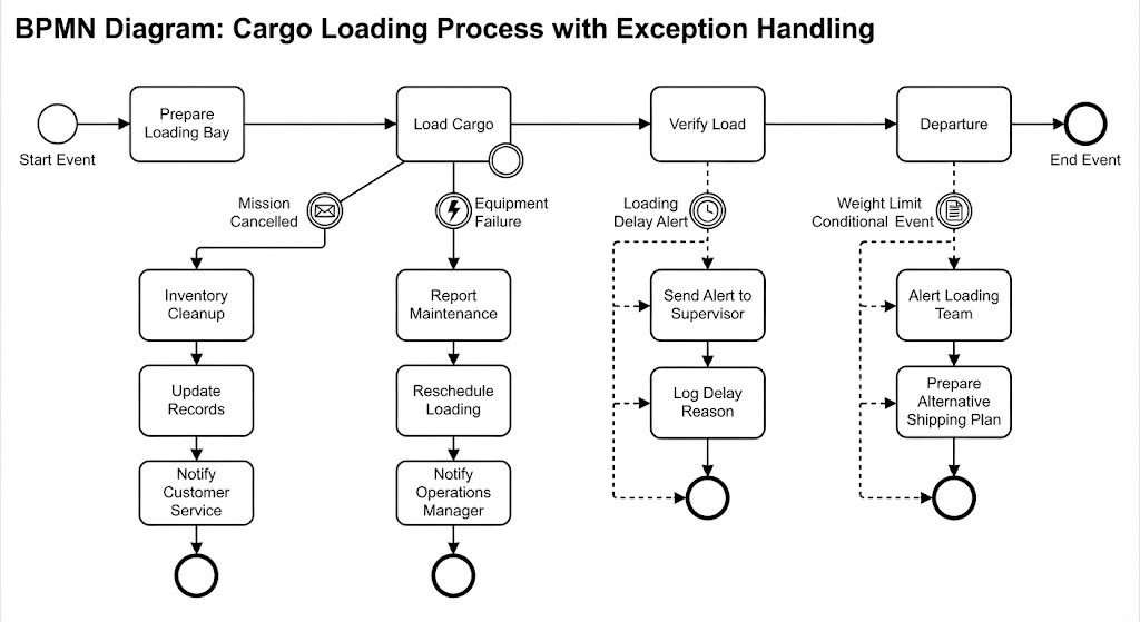 BPMN Diagram: Cargo Loading Process with Exception Handling