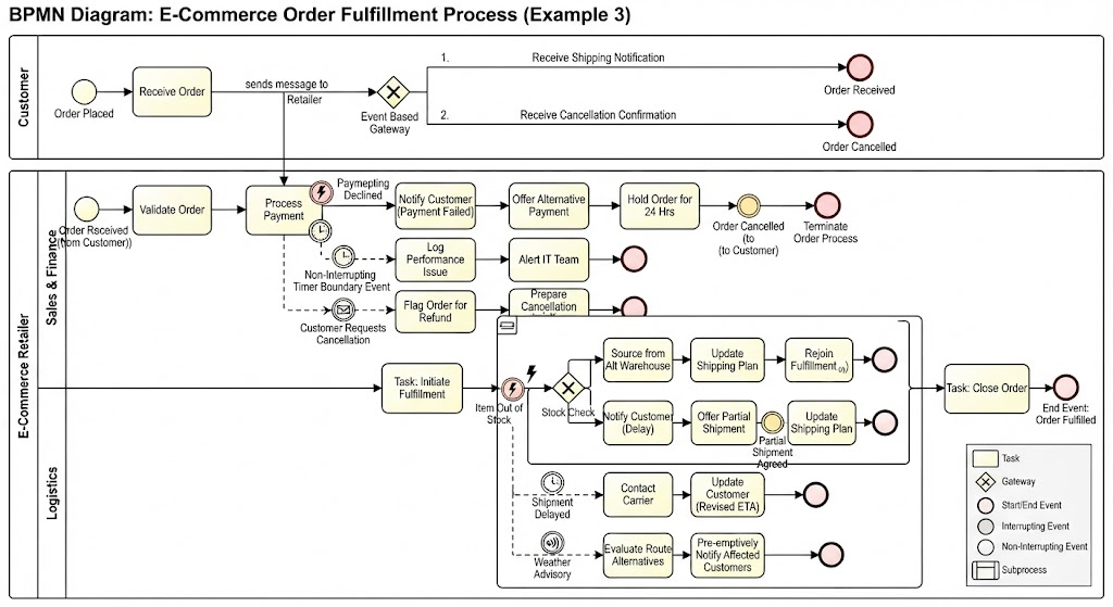 BPMN Diagram: E-Commerce Order Fulfillment Process