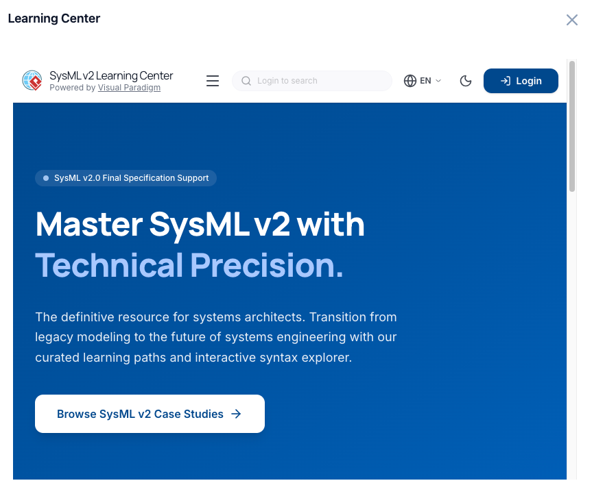 SysML v2 Studio Learning Center interface showing integrated tutorials and example projects