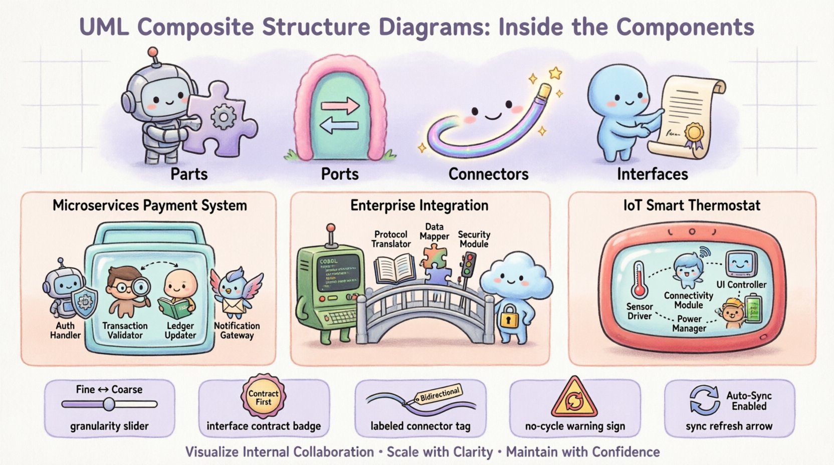 Chibi-style infographic summarizing UML Composite Structure Diagrams