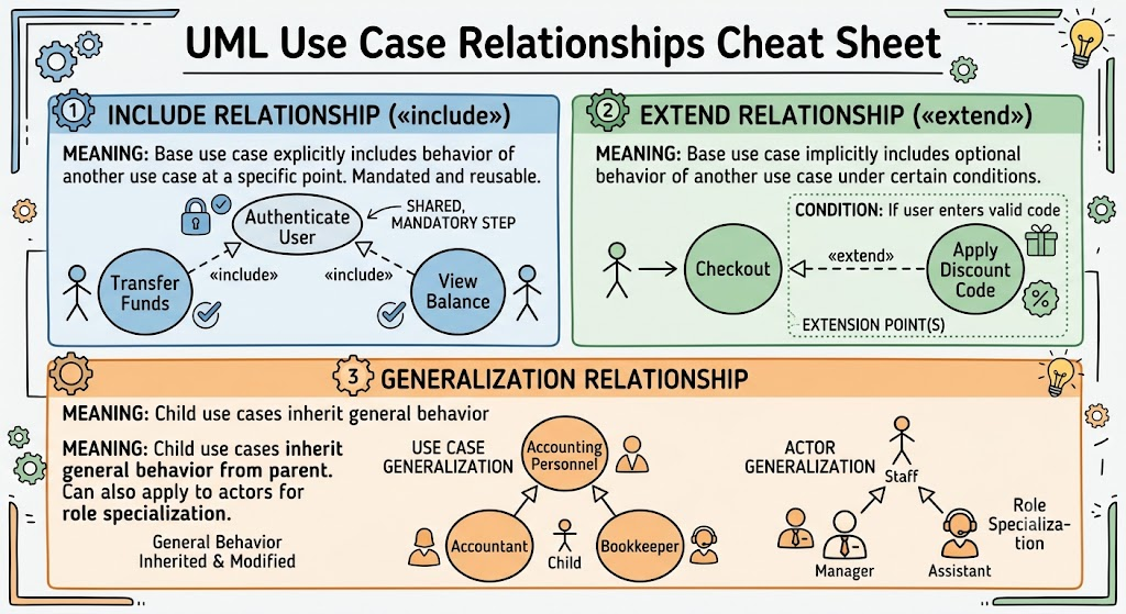 Visual Paradigm: UML Use Case Relationship Cheat Sheet