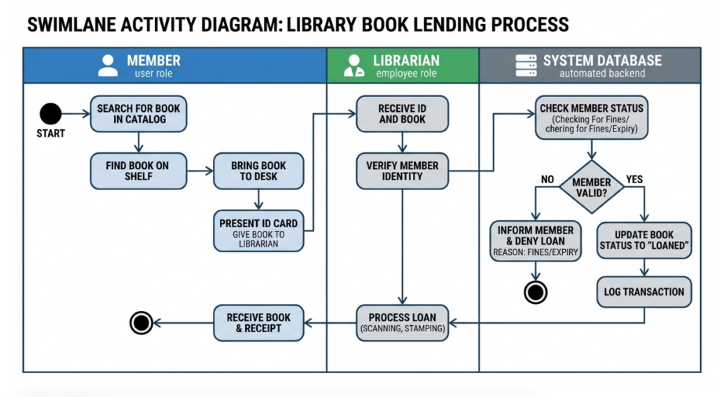 Streamlining Library Operations: A UML Swimlane Activity Diagram Approach to Efficient Book Lending Systems