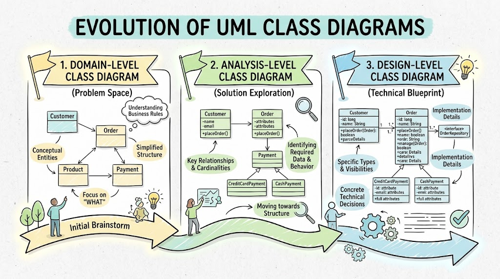 The Evolution of UML Class Diagrams: A Comprehensive Guide to Domain, Analysis, and Design Stages