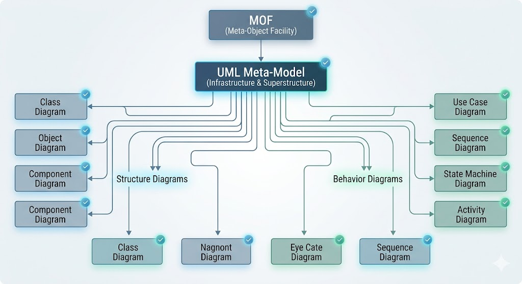 The underlying meta-model that supports the various UML diagram types.