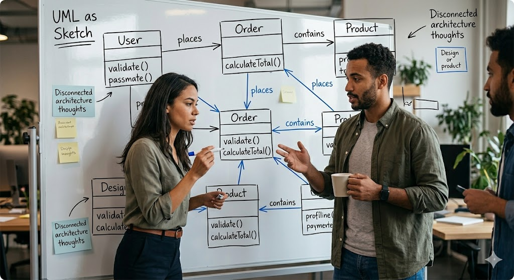 A typical whiteboard session where a team uses UML sketches to resolve design ambiguities.