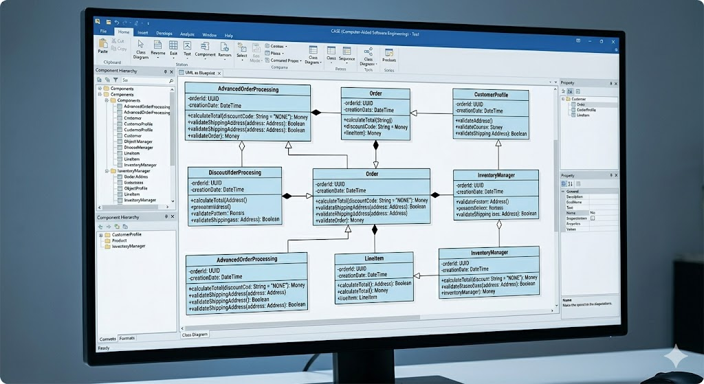 A comprehensive UML blueprint showing detailed class attributes, methods, and relationships.